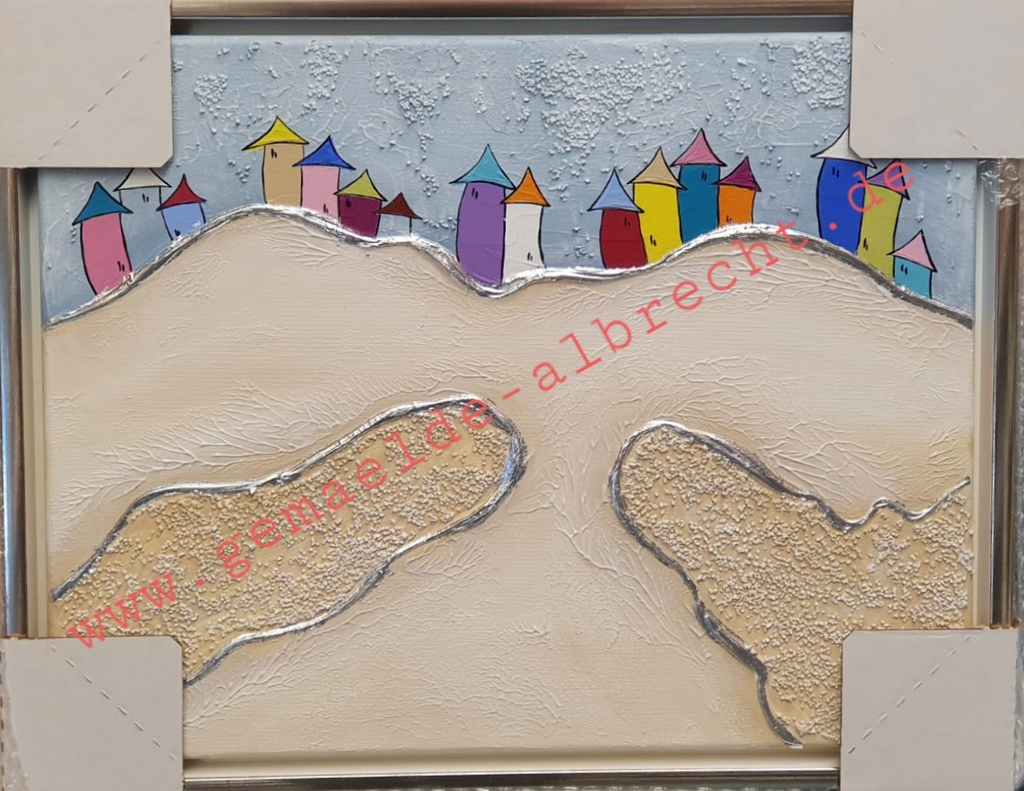 Original Lea Bach "Häuser Berg & Tal"  Hellblau/Sand 40 x 50 cm