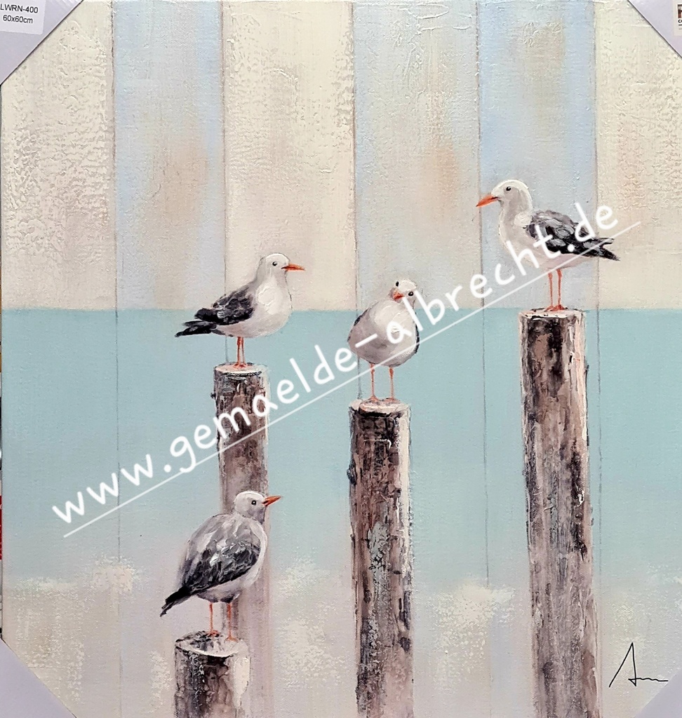 Original Leinwand "Möwen auf Pfahl" 60 x 60 cm