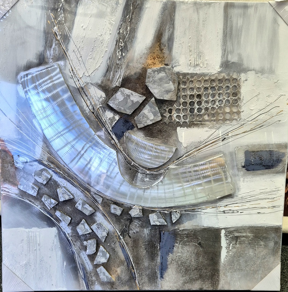 Original Leinwandbild, Acrylfarbe mit Alublech Elementen "Abstrakte Collage" 100x100cm