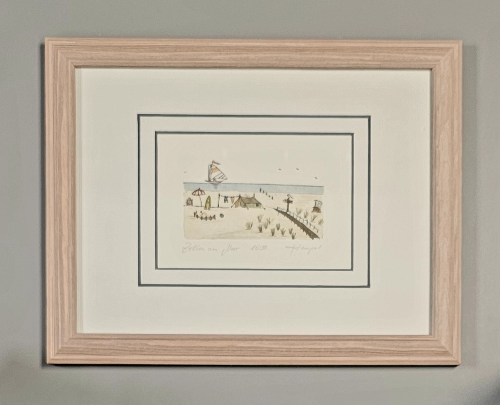 Orig. Radierung "Zelten am Meer" PP 18 x 24 cm