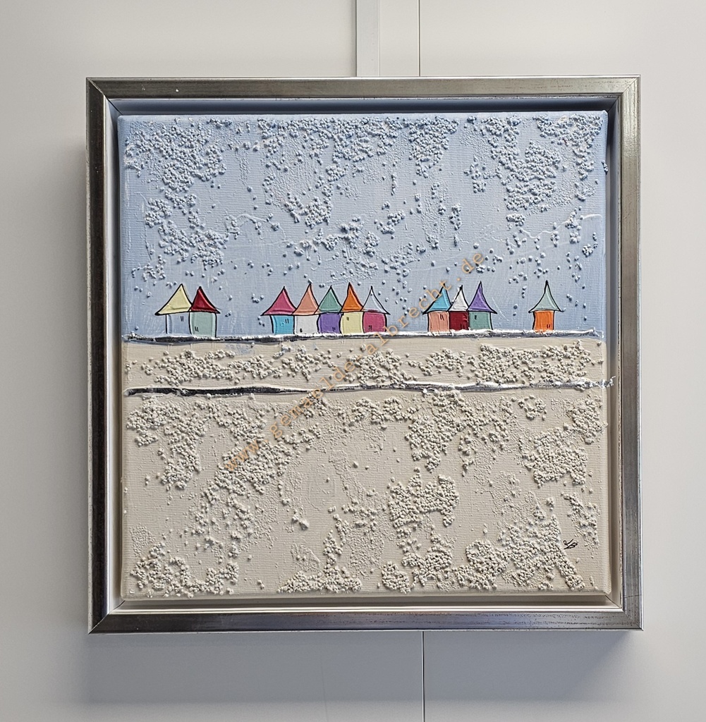 Original Lea Bach "Häuschen" 30 x 30 cm blau/sand