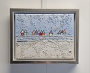 Original Lea Bach "Häuschen" 18 x 24 cm blau/sand