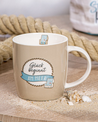 [P0007578] Tasse "Glück beginnt am Meer" H 9 cm