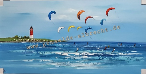 [P0007817] Orig. Acrylgemälde "Büsumer Kitesurfer" 60 x 120 cm