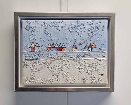 [P0007934] Original Lea Bach "Häuschen" 18 x 24 cm blau/sand