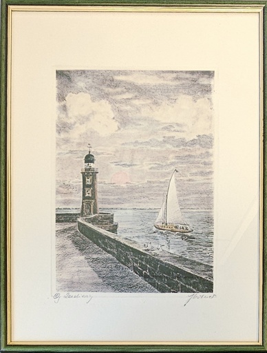 Orig. Radierung "Leuchtfeuer Geestemole-Nord Bremerhaven" 31 x 41 cm